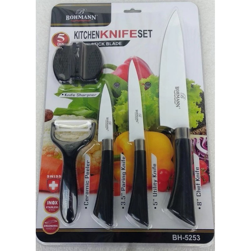 Set 3 cutite din inox cu invelis ceramic, ascutitor si curatator legume, Bohmann