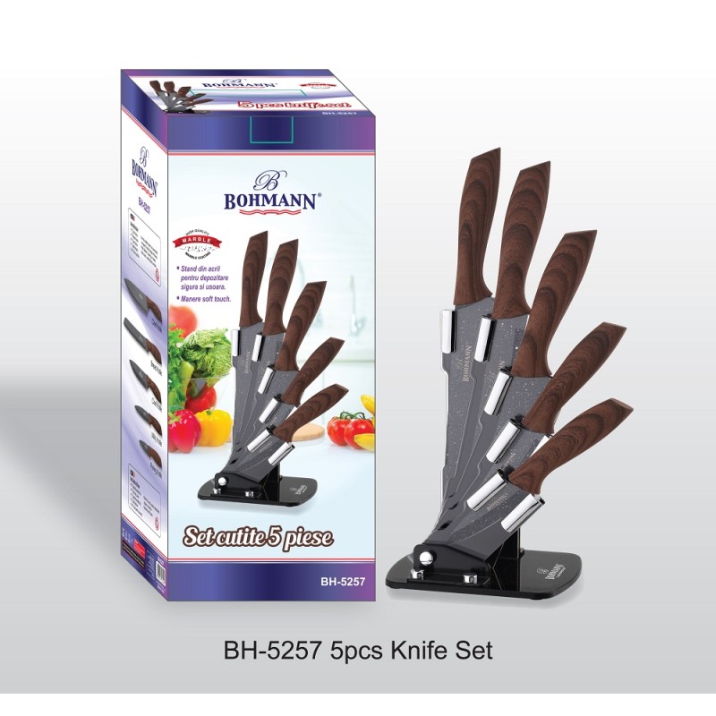 Set de 5 cutite din inox cu suport acrilic si manere soft-touch, Bohmann - imagine 3