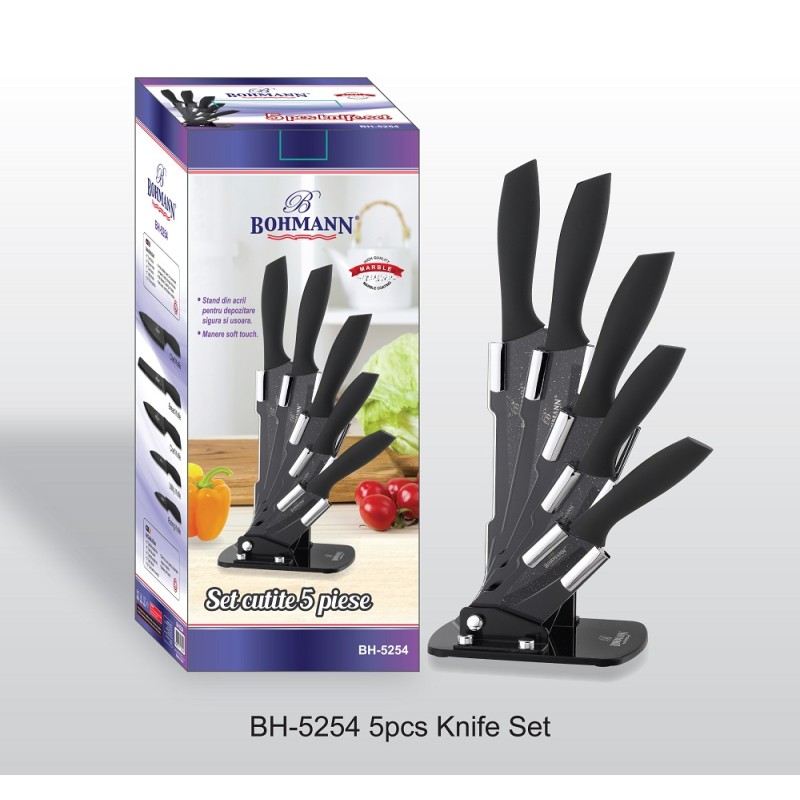 Set de 5 cutite din inox cu suport acrilic si manere soft-touch, Bohmann - imagine 3