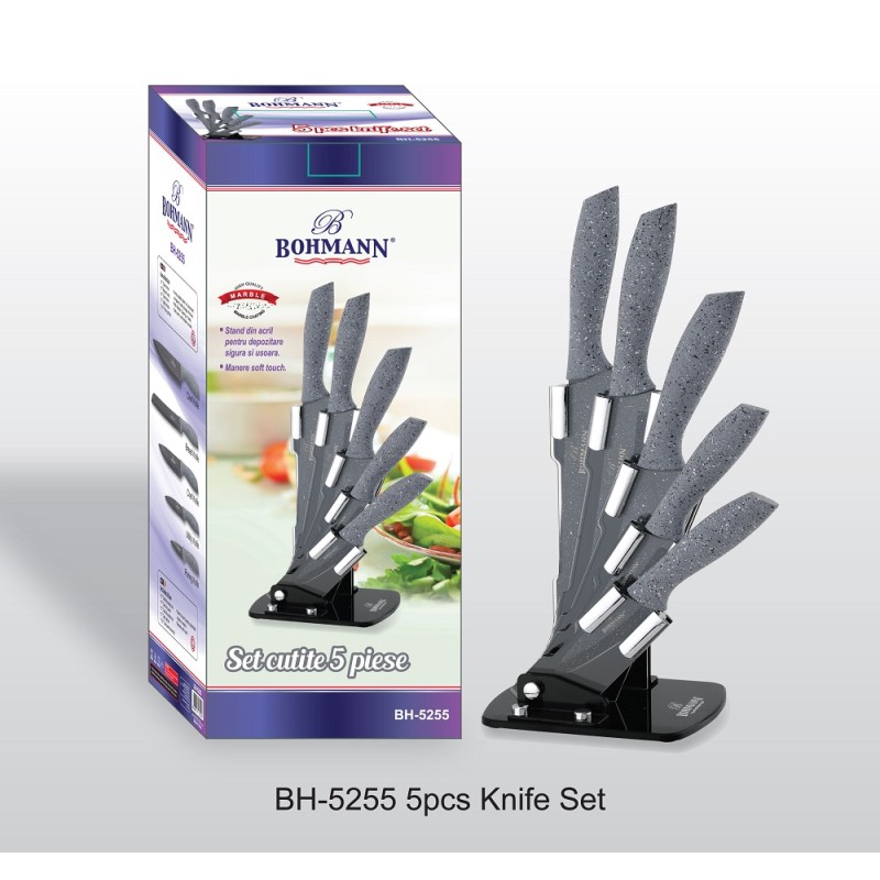 Set de 5 cutite din inox cu suport acrilic si manere soft-touch, Bohmann - imagine 3