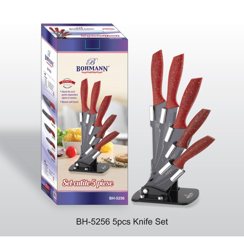 Set de 5 cutite din inox cu suport acrilic si manere soft-touch, Bohmann - imagine 3