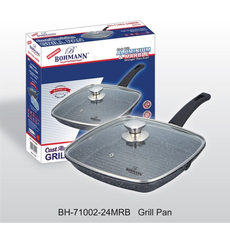 Tigaie Grill Bohmann, 24 cm, din aluminiu presat, interior exterior marmorat, cu capac, negru - imagine 2