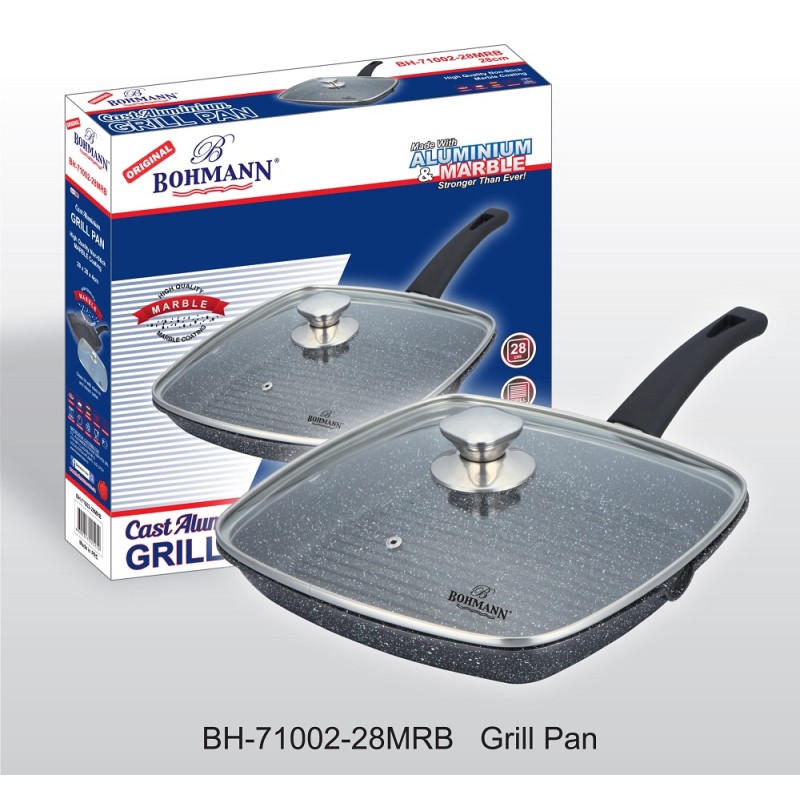 Tigaie Grill Bohmann, 28 cm, din aluminiu presat, interior exterior marmorat, cu capac, negru - imagine 2