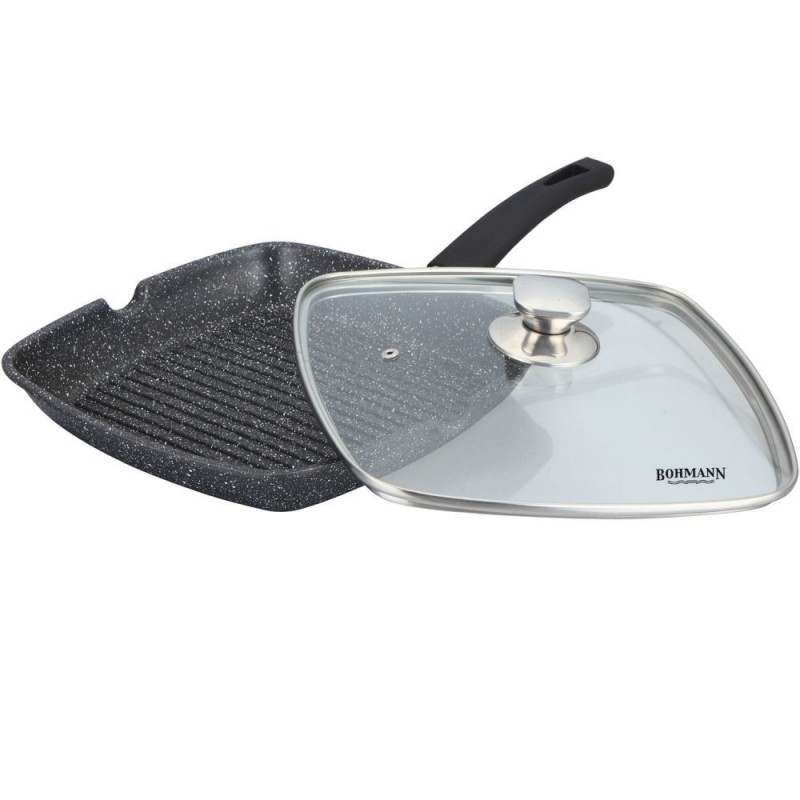 Tigaie Grill Bohmann, 24 cm, din aluminiu presat, interior exterior marmorat, cu capac, negru