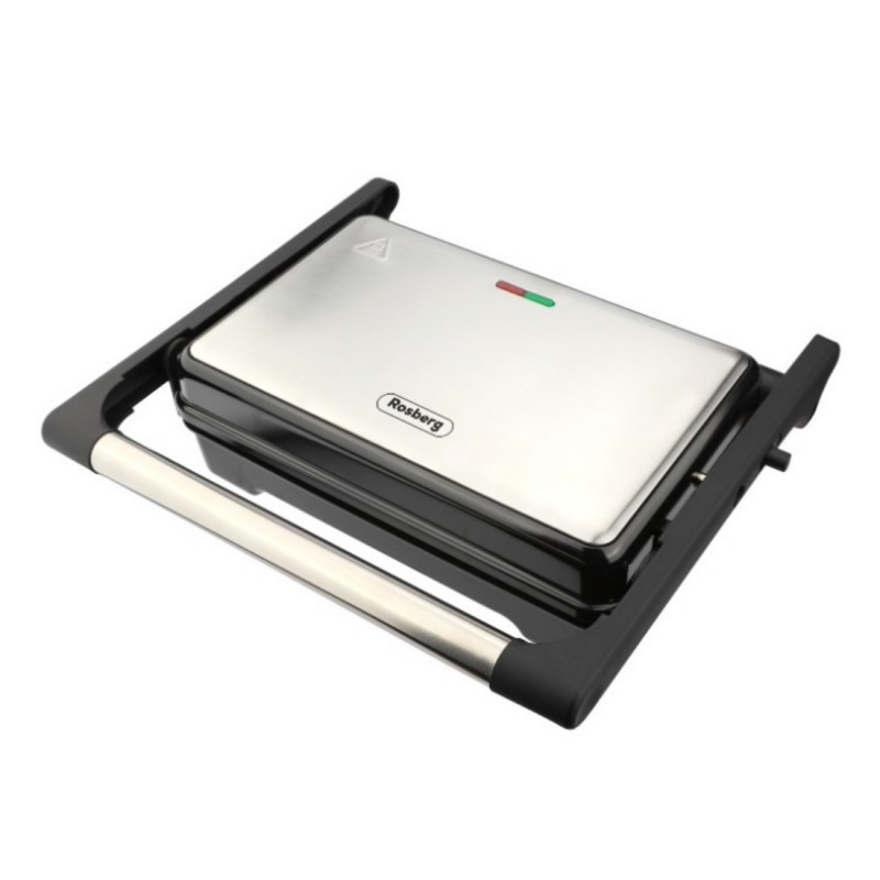 Prajitor de paine 2 in1, 1000W, functie grill, placi antiaderente, extensie 180grade, Rosberg, argintiu