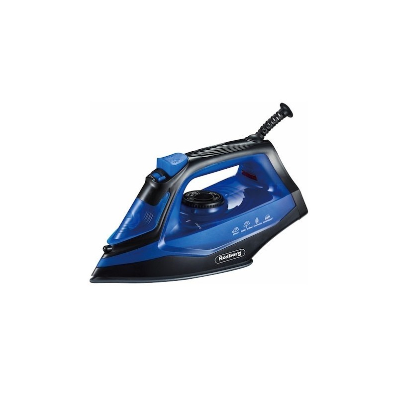 Fier de calcat Rosberg, 1850-2200W, 160 ml, Acoperire ceramica, Auto-curatare, Termostat, Albastru/Negru